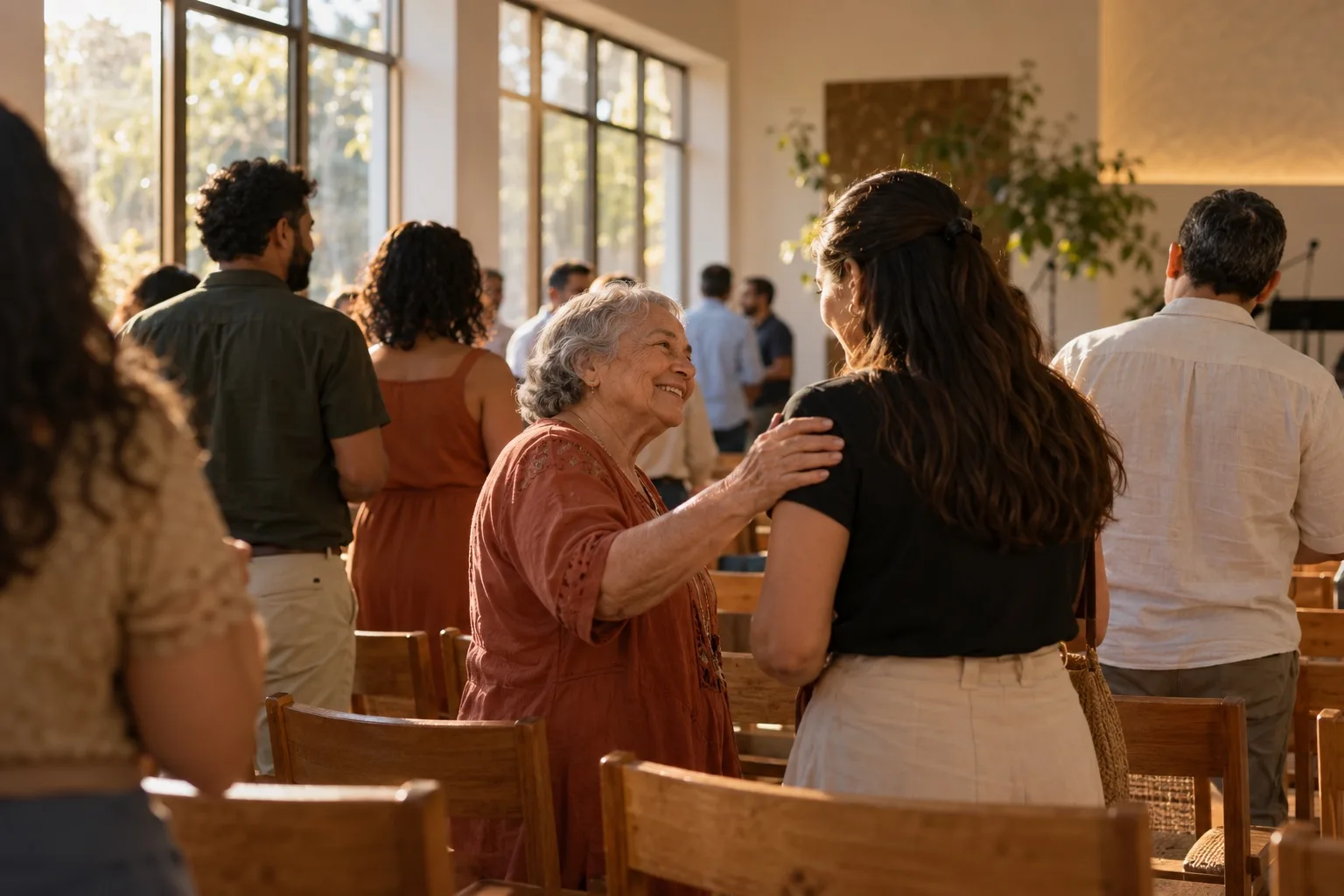 Pessoas reunidas em uma igreja iluminada pelo sol; duas mulheres compartilham um gesto de carinho. Cena ilustrativa gerada por IA.